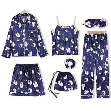 Imagem de ifgswopq 7 peças de pijama de cetim para casa roupa feminina casual roupa de dormir roupa de dormir roupa de dormir roupa de dormir roupa de dormir (Médio)