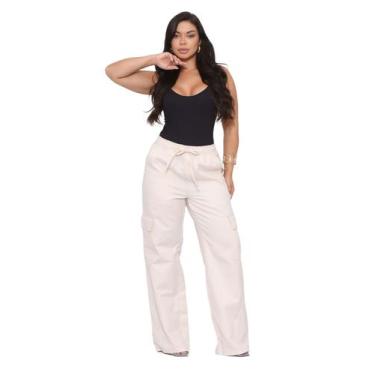 Imagem de Calça Pantalona Wide Leg Feminina Sarja Clara com Bolso Cargo - Pthiri