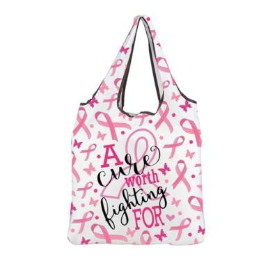 Imagem de MBMSO Presentes de conscientização do câncer de mama uma cura que vale a pena lutar para fita rosa bolsa de compras reutilizável dobrável para lutador sobrevivente (bolsa F de fita rosa)