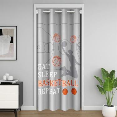 Imagem de Cortina de porta de basquete 106,7 cm L x 203,2 cm C, cortina blackout para quadra de basquete cinza claro para privacidade da porta, cortinas de entrada com tema de bola de jogo esportivo, decoração