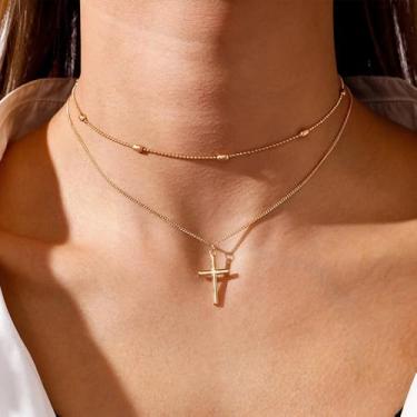 Imagem de Colares de cruz para mulheres, colar de gargantilha de ouro de camada dupla, pingente de cruz simples, joias presentes para mulheres na moda, 13/14.5+2.8", Liga de aço, Sem Pedra Preciosa