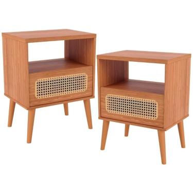 Imagem de Kit 02 Mesas De Cabeceira 1 Gaveta Com Palhinha Natural Zack D03 Freijó - Lyam Decor