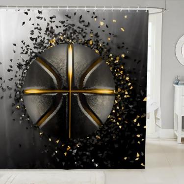 Imagem de Feelyou Cortina de chuveiro de tecido legal de basquete, cortina de chuveiro com tema de bola esportiva, impressão 3D, acessórios à prova d'água com 12 ganchos, cortinas com estampa de glitter em ouro