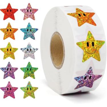 Imagem de 500 pçs adesivos estrela 2,5 cm glitter vinil rolo para crianças 10 cores etiqueta etiqueta autocolante sala de aula recompensa decalques à prova d'água para diários de Natal suprimentos envelopes