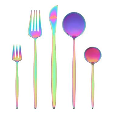 Imagem de Generic Conjunto de talheres de aço inoxidável com 5 peças, talheres de prata com faca, colheres e garfos, talheres polidos espelhados para cozinha, 5 peças coloridas