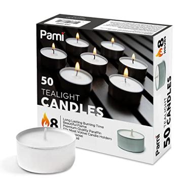 Imagem de PAMI Velas Tealight redondas premium de longa duração com 8 horas de tempo de queima sem cheiro [pacote com 50] - velas de parafina com chama bonita - perfeitas para castiçais votivos