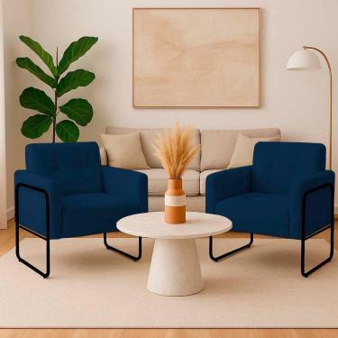 Imagem de Poltrona Sala Industrial Alta Tubo Preto Kit 2 Elisa Bouclê D03 - D`rossi Cor Azul