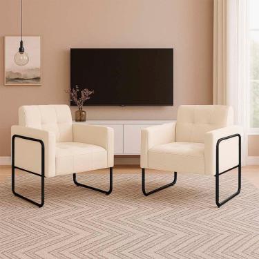 Imagem de Poltrona Sala Industrial Alta Tubo Preto Kit 2 Elisa Suede D03 - D`rossi Cor Bege