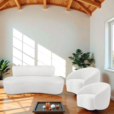 Imagem de Kit Recamier Curvo Amsterdã 120cm E 2 Poltronas Amore Luxo Bouclé Cor Branco