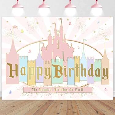 Imagem de Sensfun Decoração de aniversário de castelo de princesa, pano de fundo, listras, arco-íris, rosa, fundo de castelo de conto de fadas, para meninas, dourado, com glitter, aniversário mais feliz na