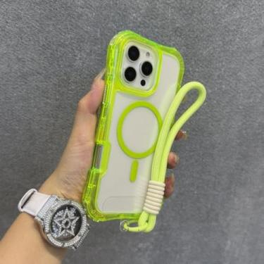 Imagem de Capa de celular com alça magnética transparente neon e cordão para iPhone 16, 15 Plus, 14, 13, 12 e 11Pro Max, à prova de choque, verde fluorescente, para iPhone 14 Pro Max