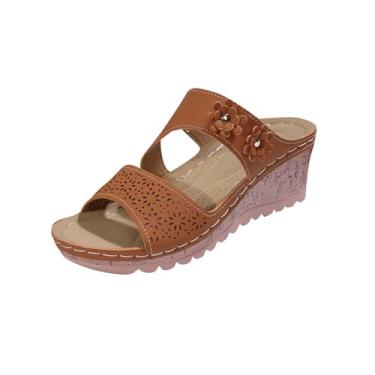 Imagem de Chinelos femininos de sola grossa, uma linha, design de flores, sandálias de praia com salto anabela, casual, verão, Marrom, 36