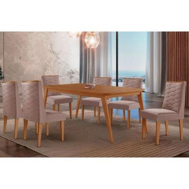 Imagem de Sala Jantar Mesa Havana Tampo Curvo 180cm+6 Cadeiras Dafne Madeira Naturale - Capuccino/Linho Capuccino - Rufato