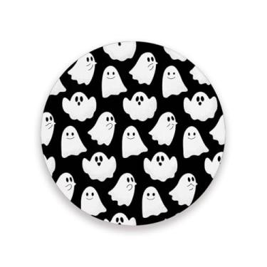 Imagem de JUZIHAI Lindo conjunto de 2 porta-copos de Halloween Boo, porta-copos redondos de pedra de cerâmica absorvente de 9 cm com base de cortiça, tapete de proteção de mesa para cozinha, bar, decoração de