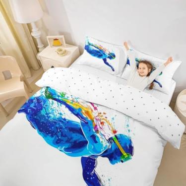 Imagem de Erosebridal Capa de edredom nadador Queen para crianças, meninos e meninas, conjunto de cama com tema esportivo, azul, nadador, verão, legal, esportivo, capa de edredom para nadador, 2 fronhas, 2