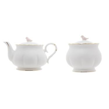 Imagem de Kit Bule Chá/café + Açucareiro Birds De Porcelana Branco, Dourado E Rosa Wolff