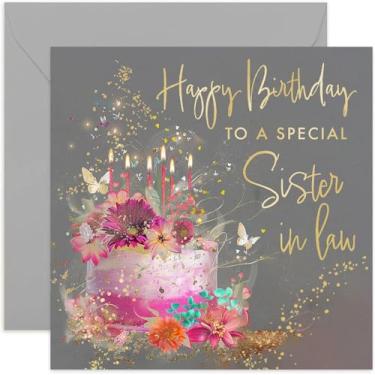 Imagem de Old English Co. Cartão especial de aniversário para cunhada - Cartão de aniversário feminino fabuloso - Cartão de bolo de aniversário rosa cintilantes e borboletas - Para cunhada no 40º, 45º, 55º