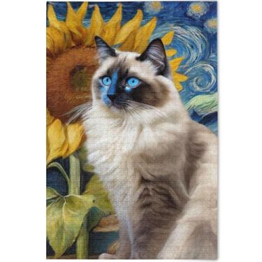 Imagem de Quebra-cabeça fofo Ragdoll Gato Girassol Estrelado Personalizado Adultos 1000 Peças Engraçado Jogo Tech Presentes Divertidos Arte Quebra-cabeça Paisagem Artwork, 75 cm x 50 cm
