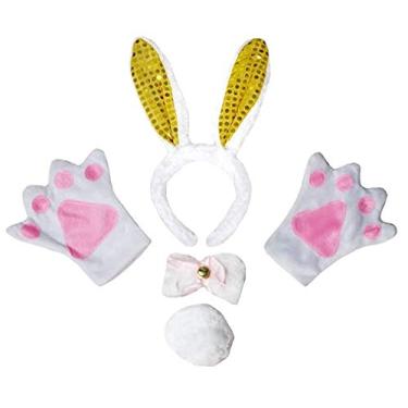 Imagem de Petitebella Tiara de coelho com orelhas de borboleta, luvas de cauda, 4 peças de fantasia 1-10 anos (lantejoulas brancas/amarelas, 1-5 anos)