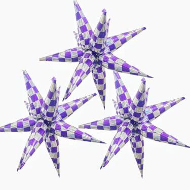 Imagem de 3 peças de balões de 81 cm roxo e iridescente lavanda quadriculada estrela explosão estrela - Ideal para decorações de princesa, gótica, ídolo Kpop, tema de bruxa e festa de aniversário de meninas