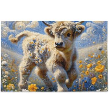 Imagem de Quebra-cabeça de vaca Highland floral para adultos fofos 500 peças quebra-cabeça engraçado personalizado difícil arte animal flor, 52 cm x 37,8 cm