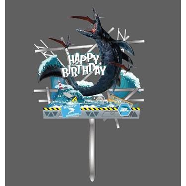 Imagem de Mosasaurus Dinosaur Acrylic Cake Topper with Birthday Thanksgiving Sign Dinosaur Party Decorations