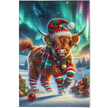 Imagem de Quebra-cabeça Highland Cow Christmas Aurora de 1000 peças para adultos com estampa de animais, arte exclusiva, presentes personalizados para amantes de elefantes brancos, 75 x 50 cm