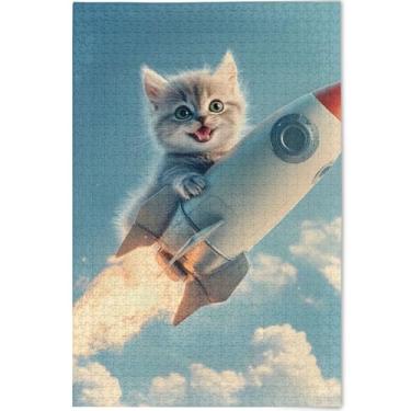 Imagem de Quebra-cabeça engraçado com foguete de gatinho e gato, 500 peças para adultos, presentes engraçados, arte, quebra-cabeças rígidos, arte floral animal, 52 x 37,8 cm
