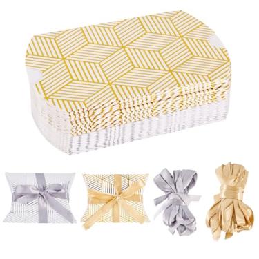 Imagem de Handship 30 conjuntos de mini travesseiros, caixas de doces, douradas, prateadas, listradas, pequenas caixas de presente de papelão, doces, caixa de embalagem de chocolate com fitas para lembrancinhas