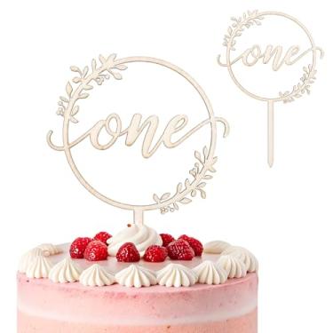 Imagem de Topo de bolo de madeira, enfeite de bolo de 1º aniversário, decoração de um ano de idade, suprimentos de festa de aniversário de bebê, adereços de cabine de fotos para revelação de gênero