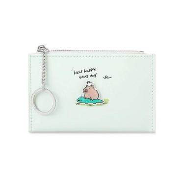 Imagem de Carteiras femininas verdes fofas de poliuretano pequenas e minimalistas com bloqueio de RFID com zíper com moeda de grande capacidade para cartão de crédito fino