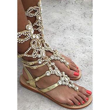 Imagem de Hinyyrin sandálias femininas de strass, sandálias gladiadora de prata dourada, sandálias de verão planas, praia, casamento, banquete, Dourado, 6