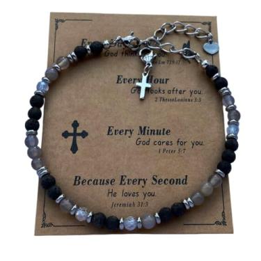 Imagem de DOLON Pulseira minimalista cristã com pingente de cruz com contas boêmia de pedra natural de 4 mm para mulheres, homens, confirmação, batismo, Páscoa, aniversário, presentes religiosos de Natal