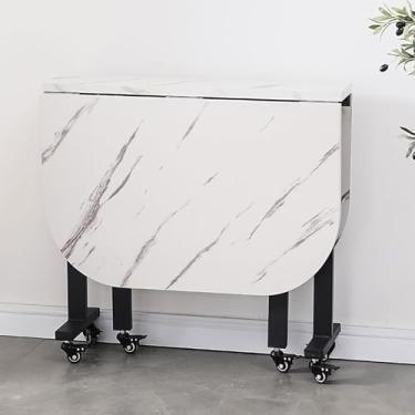 Imagem de ZXLPHA Mesa de jantar de madeira, mesa de jantar dobrável com 6 rodas, mesa de cozinha dobrável com suporte de aço carbono, móveis dobráveis extensíveis para economia de espaço, dobrável em 3