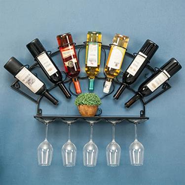 Imagem de Rack de vinho criativo montado na parede, suporte de vinho de metal industrial, prateleira de exibição suspensa para 7 garrafas de vinho, suporte de vinho moderno para decoração de casa, cozinha, sala