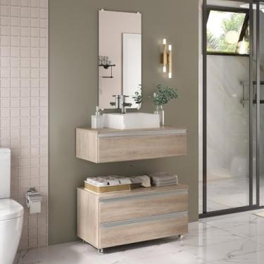 Imagem de Gabinete de Banheiro 80cm Completo – Cuba Integrada e Espelheira, Armário Espaçoso para Higiene, Cosméticos e Utensílios Doméstico Familiar (Madeirado Inteiro)