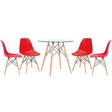 Imagem de Loft7, Kit - Mesa redonda de vidro Eames 80 cm + 4 cadeiras Eiffel Dsw vermelho