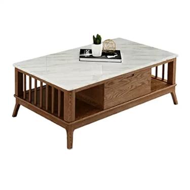 Imagem de Mesa de centro moderna de madeira com gavetas e prateleiras de armazenamento, decoração elegante retangular de 2 camadas, mesa de centro de sala de estar (A(tampo de mesa de mármore))