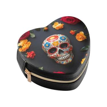 Imagem de Burbuja Caixa de joias com caveira floral colorida em forma de coração, mini estojo de viagem para mulheres e meninas, organizador portátil de armazenamento para brincos, anéis, colares e pulseiras