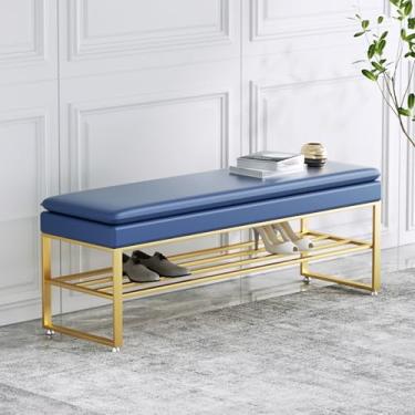 Imagem de Banco de sapateira de 2 níveis, organizador de armazenamento de entrada, banco de corredor com moldura de metal, design versátil em ouro azul, ideal para sala de estar e porta da frente, 120 cm de