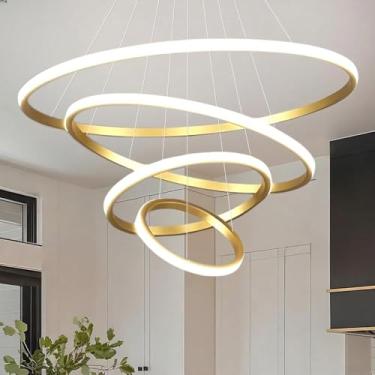 Imagem de Lustres e Luminarias para Sala, 4 Anéis 80cm, 110W, Luminária Pendente LED Moderna, Lustre Sala de Jantar, Luminaria de Teto, Lustre Pendente, 3 Cores de Luz (3000K/4000K/6000K), Altura Ajustável