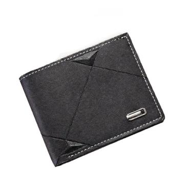 Imagem de Carteira masculina em couro PU preto com 4 compartimentos para cartão, 2 compartimentos para moedas e 1 janela transparente, ideal para presentear, Preto, Dobra dupla