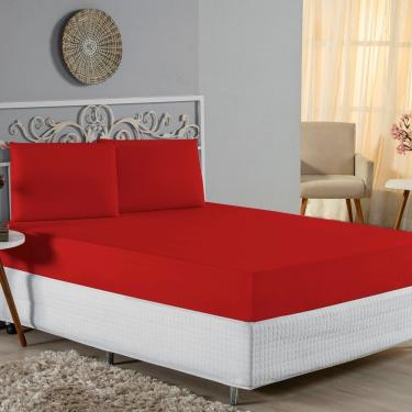 Imagem de Jogo De Cama Casal Nobre 3 Peças Lençol Com Elástico De 30cm De Altura Malha 100% Algodão - Vermelho