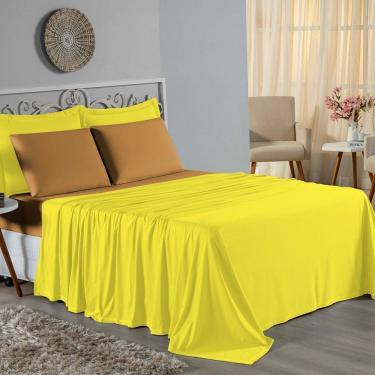 Imagem de Jogo De Cama Queen Nobre 4 Peças Lençol Com Elástico De 30cm De Altura Malha 100% Algodão - Amarelo / Cobre