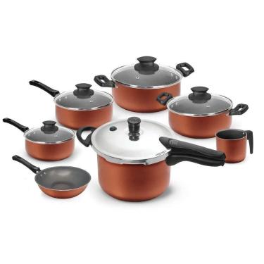 Imagem de Jogo De Panelas Casa Goumert 7 Peças Com Panela De Pressão Em Alumínio Com Revestimento Antiaderente Terracota Nigro