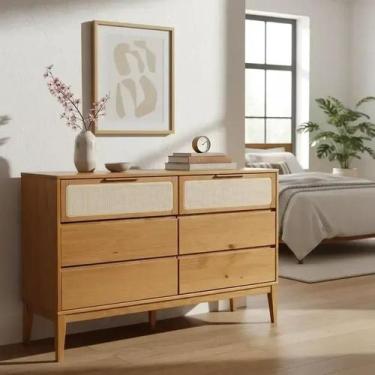 Imagem de Cômoda 6 Gavetas Madeira Maciça com Telinha Rattan Viena Mel - Artemob
