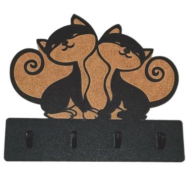 Imagem de Porta Chaves de Parede Formato de Gatos em MDF Corte a Laser Amadeirado Lenobre