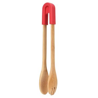 Imagem de Pinça de cozinha, pinça de cozinha de bambu para cozinha, braçadeira de grampo para churrasco com cabeça de silicone para salada, pão para cozinhar, churrasco, salada, buffet(Red)