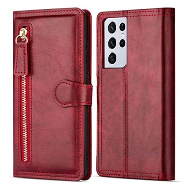 Imagem de Capa carteira para Samsung Galaxy S23/S23 Plus/S23 Ultra, capa de couro PU com zíper flip com suporte para cartão fecho magnético capa interna protetora de TPU, vermelha, S23 6,1 polegadas