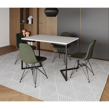 Imagem de Mesa Jantar Industrial Retangular Branca 120x75 Base V com 4 Cadeiras Estofadas Verdes Aço Preto 